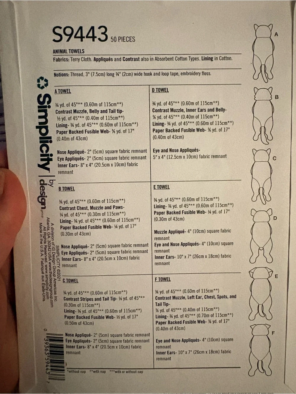 BN UNCUT SIMPLICITY 9443 OS SEWING PATTERNS ANIMAL TOWELS